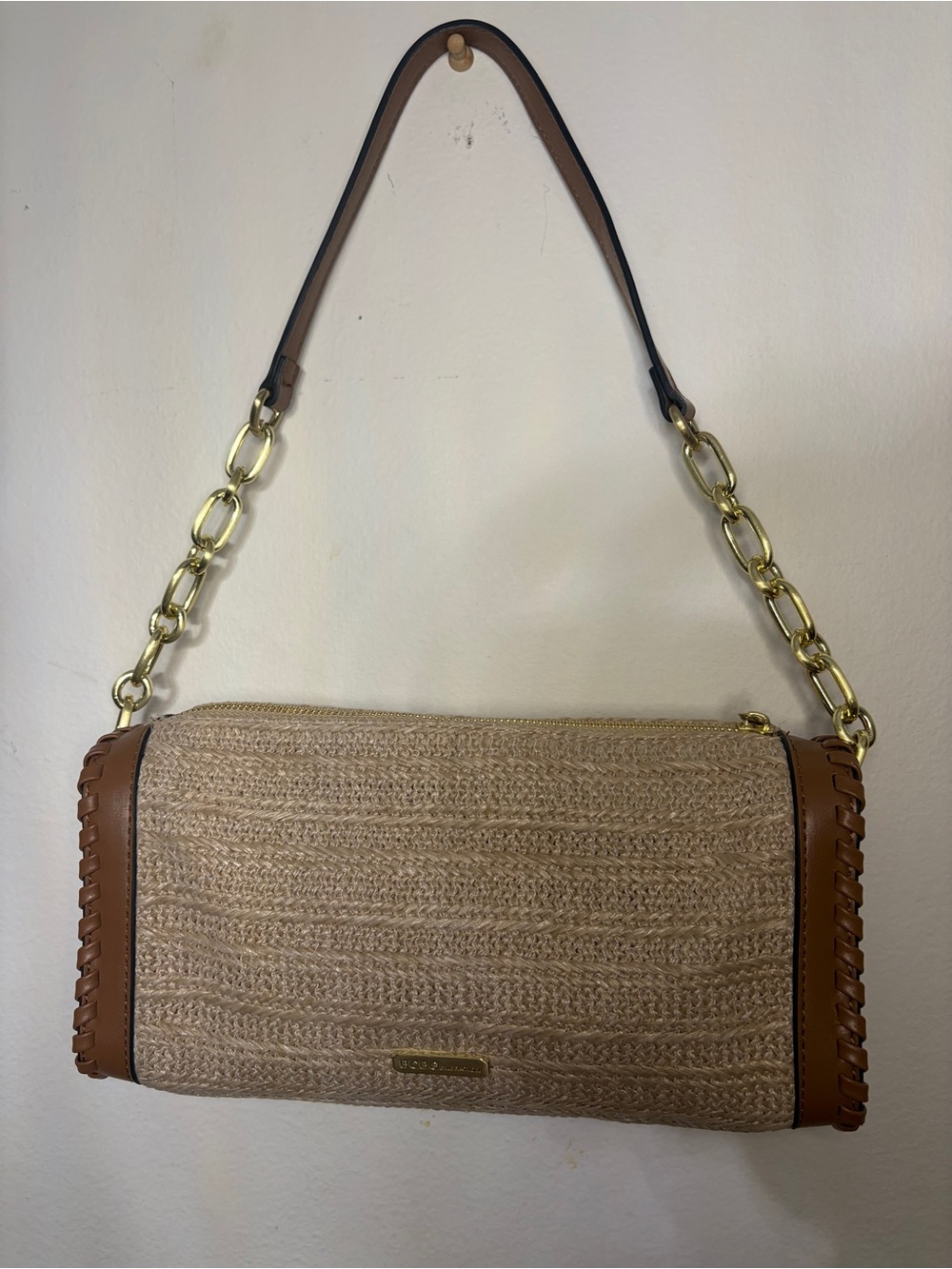 BCBGeneration Tan Woven Shoulder Bag with Gold Chain Strap